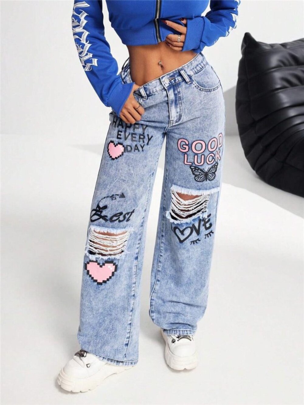 Graffiti Print Ripped Wide Leg Jeans